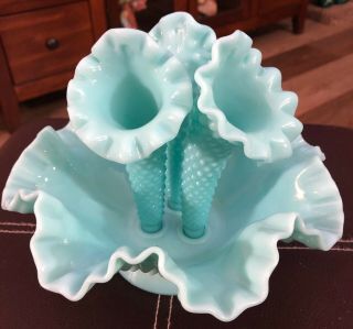 Vintage Fenton Turquoise Blue Milk Glass Hobnail Epergne Flower Vase 2