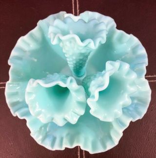 Vintage Fenton Turquoise Blue Milk Glass Hobnail Epergne Flower Vase 3