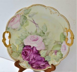 Antq Ak Limoges Bone China France Hand Painted Pink Red Roses 10 " D Handled Plate