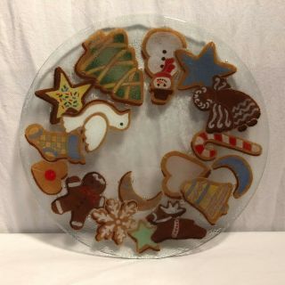 Peggy Karr 13.  5 " Fused Art Glass Round Christmas Cookies Plate Tray W/box