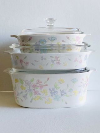 Vintage 3 Piece Set Of Corning Ware Pyrex Lids Pastel Bouquet Dishes Flowers