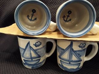 Mary Alice M A Hadley Pottery Sailboat W/ Anchor In Bottom (4) Coffee Mugs 8oz