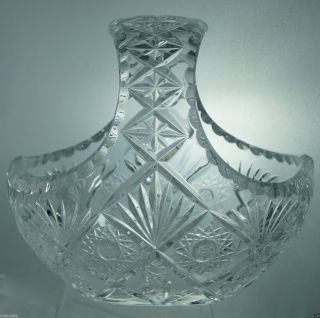Vintage Cut Glass Or Crystal Basket W/handle Pineapple Starburst Pattern