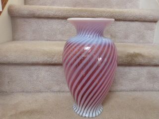 Stunning Vintage Large Fenton Opalescent Cranberry Optics Flower Vase 12.  7 " X7 "