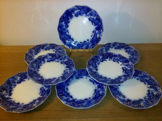 Eight (8) Grindley Flow Blue Argyle 8 " Salad Plates - Gold Accent