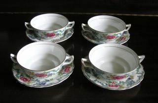 Set Of 4 Booths Floradora Cream Soup Bowls & Saucers Royal Doulton
