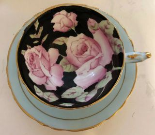 Paragon Cup & Saucer By Appointment HM The Queen Mary Pink/Black/gold Floral 2