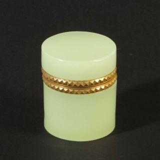 Vintage Jewelery Box Casket French Opaline Glass Firepolished Metal Lime Uranium