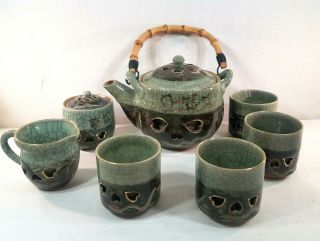 Vintage Somayaki Soma Ware Japanese Tea Pot Cups Sugar And Creamer Tea Set