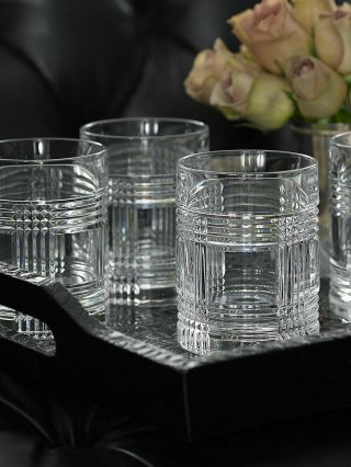 Ralph Lauren Glen Plaid Double Old Fashioned Set 4 Crystal Glasses Whiskey Nib