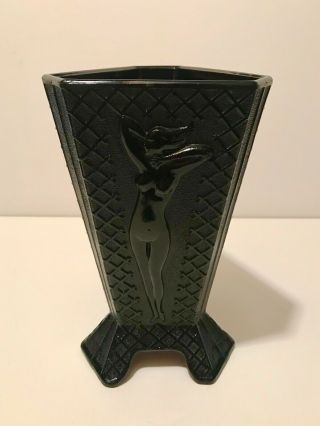 Vintage Mckee Glass Black Amethyst 3 Panel Nude Lady Vase Jeannette Pa Art Deco