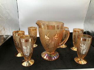 Jeannette Amber " Iris Herringbone " Pitcher With Six Goblets Pre - Owned