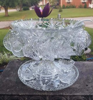 Star Of David Punch Bowl Set 24 Pc Platter Stand Ladle Early Prescut Glass