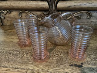 Anchor Hocking Manhattan Ribbed Ball Pink Depress Pitcher & 4 Glasses & Coasters