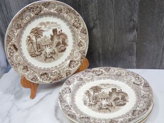4 Antique Brown Staffordshire Transferware Dinner Plates Rhine Pattern Jfw 9.  5 "