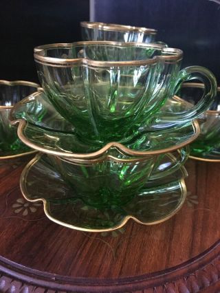 6 Exquisite Antique Green Glass Cup & Saucers With Gold Trim ?bohemian Czech?