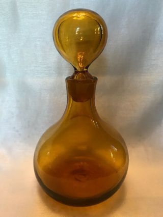 Vintage Blenko Gold Amber Round Glass Decanter With Stopper Euc