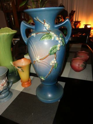 Vtg Roseville Snowberry Vase Blue Handles Iv - 15 Large 15 " Art Pottery