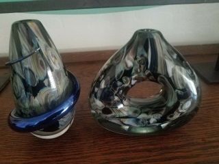 Two (2) Robert Eickholt Art Glass Paperweight Perfume Bottles Agate Green Blue