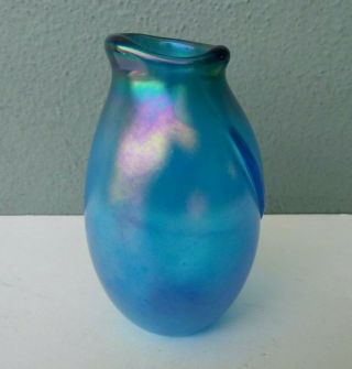 Robert Barber - Vintage Iridescent Blue Studio Art Glass Vase - 1971