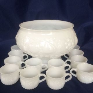 Vintage Jeannette Della Robbia Fruit Milk Glass Punch Bowl Set With 12 Cups
