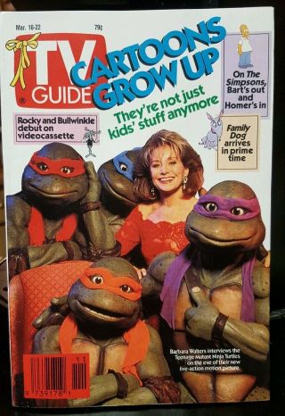 1991 Vintage Tv Guide Teenage Mutant Ninja Turtles & Barbra Walters March 16 - 22