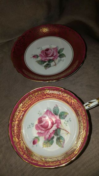 Stunning Paragon PINK CABBAGE ROSE Red Heavy Gold Gilt Teacup & Suacer England 2