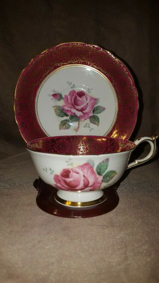 Stunning Paragon PINK CABBAGE ROSE Red Heavy Gold Gilt Teacup & Suacer England 3