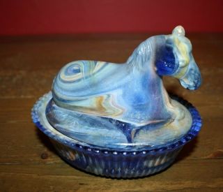 Vintage Art Glass Horse On Nest Blue,  White & Red Slag