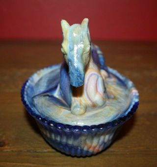 Vintage Art Glass Horse on Nest Blue,  White & Red Slag 2