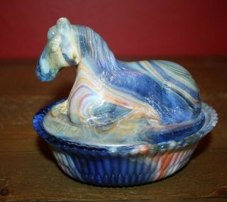 Vintage Art Glass Horse on Nest Blue,  White & Red Slag 3