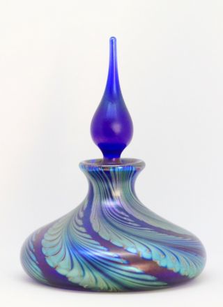 Okra Glass Perfume Bottle,  Iridescent Blue And Green,  Signed,  1987