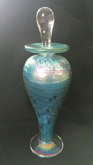 Blue Green Aqua Iridescent Art Glass Perfume Bottle Signed T.  Stoenner 7.  25 "