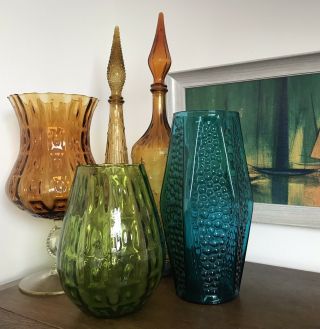 Large Vintage Empoli Footed Vase - Amber - Mid Century - Cubist