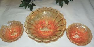 Vintage Millersburg Peacock & Urn Marigold Carnival Glass Bowl & Snack Dish