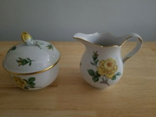 Antique Meissen Covered Sugar Bowl & Creamer Set W/ Yellow Rose.