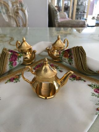 Vintage Royal Albert Old Country Roses Napkin Ring Teapot Shaped Set Of 3 Gold