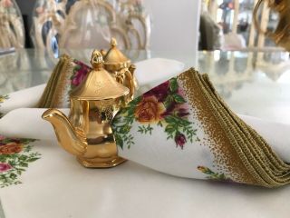 Vintage Royal Albert Old Country Roses Napkin Ring Teapot Shaped Set of 3 Gold 3