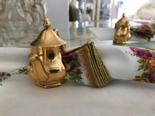 Vintage Royal Albert Old Country Roses Napkin Ring Teapot Shaped Set of 3 Gold 6