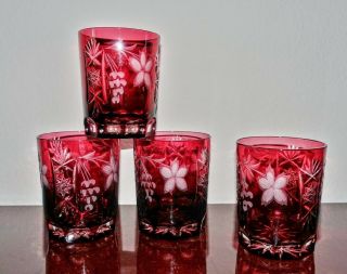 4 Ruby Red Cut - To - Clear Crystal Tumbler Glasses (nachtmann,  Bohemian,  Ajka)
