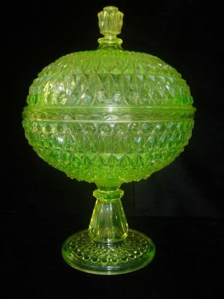 Eapg Vaseline Canary Uranium Central Glass Covered Compote