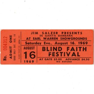 & Blind Faith Concert Ticket Stub Santa Barbara 8/16/69 Bad Company Rare