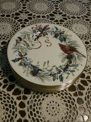 (6) Winter Greetings By Catherine Mcclung 8 " Salad Plates Cardinal Bird Lenox