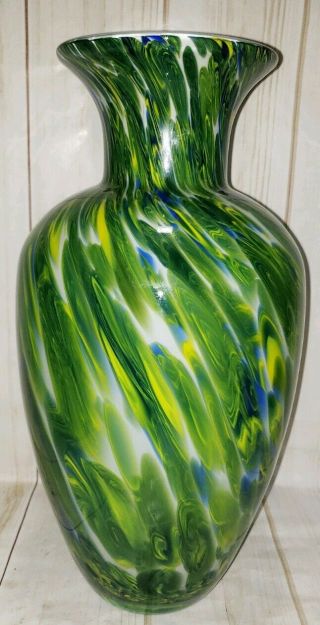 Murano 13 " Art Glass Vase Green/blue/wht/yellow Mid - Century Vintage Hand Blown