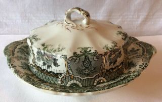 Royal Raleigh Green Covered Round Butter Dish With Strainer Wedgwood Gold Accent