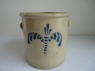 Small Antique Stoneware Handled Crock With Cobalt Decoration