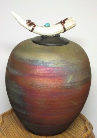 Jeremy Diller Studio Gorgeous Vtg Raku Pottery Pot W/lid Vase - Signed J Diller