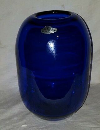 Vintage Hand Blown Blenko Glass Pill Vase Sapphire Blue