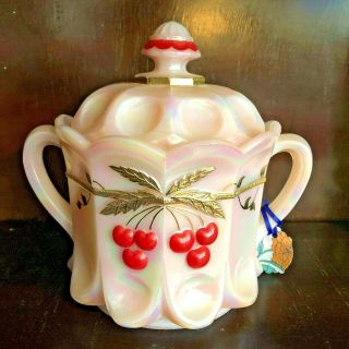 Mosser Glass Cookie Biscuit Jar 2 Handles Pink Cherry Cable Painted Gold & Red