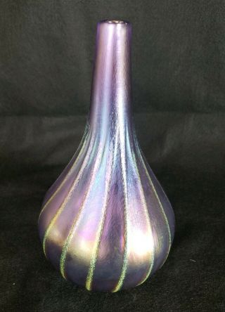 Signed Magic Sands Studio - Iridescent Purple & Green Art Glass Vase 11 Inches